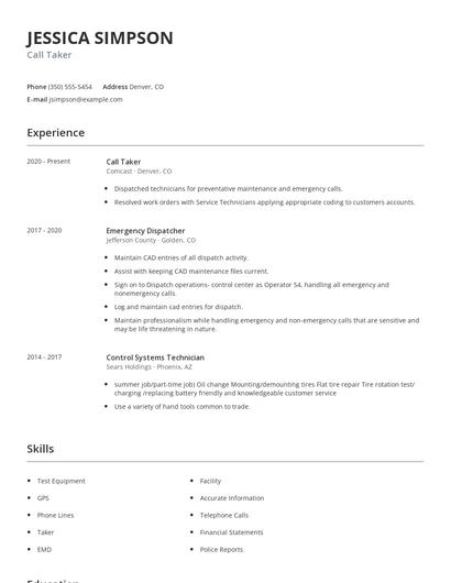 Call Taker Resume