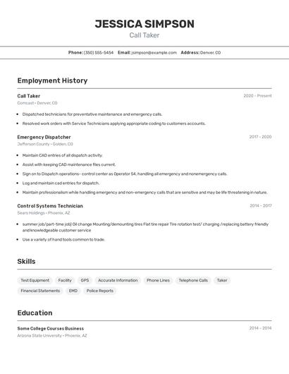 Call Taker Resume