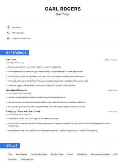 Call Taker Resume