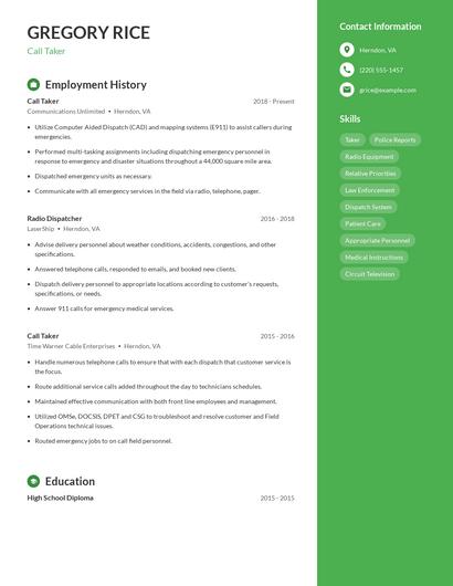 Call Taker Resume