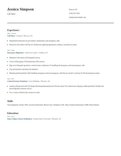 Call Taker Resume