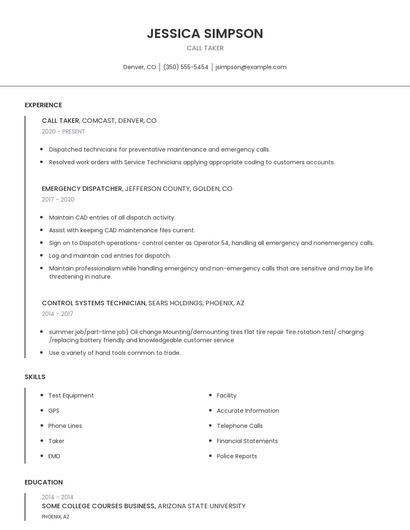 Call Taker Resume