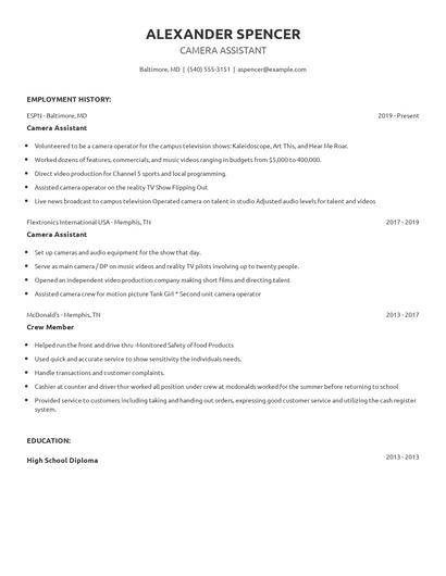 Camera Assistant Resume