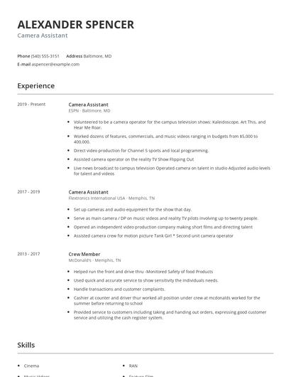 Camera Assistant Resume