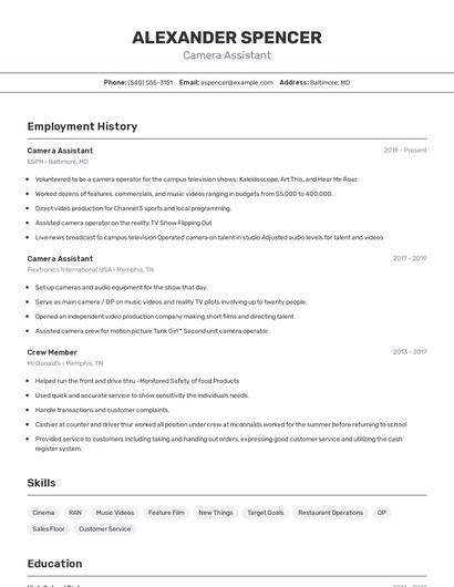 Camera Assistant Resume