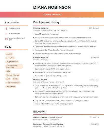 Camera Assistant Resume