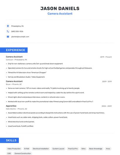 Camera Assistant Resume