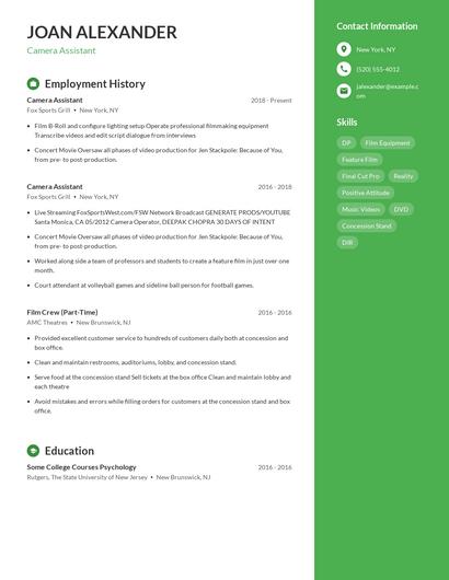 Camera Assistant Resume