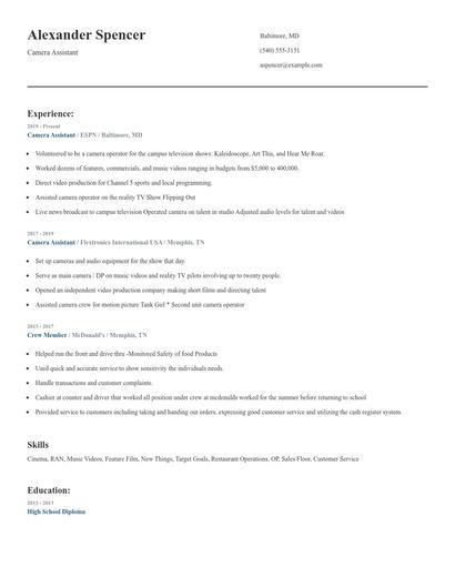 Camera Assistant Resume