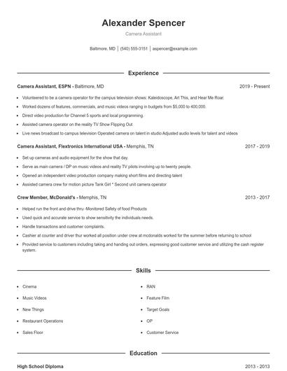 Camera Assistant Resume