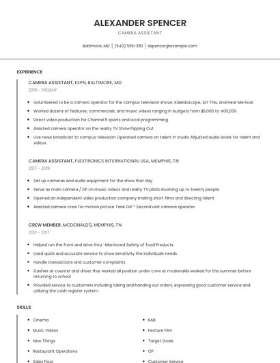 Camera Assistant Resume