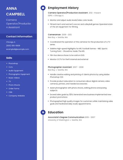 Camera Operator/Production Assistant Resume