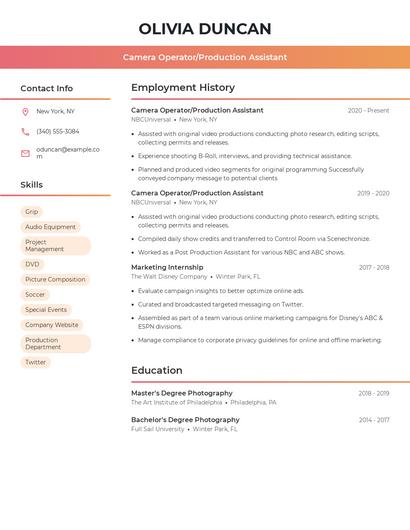 Camera Operator/Production Assistant Resume