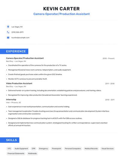 Camera Operator/Production Assistant Resume