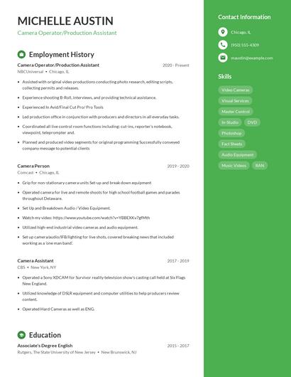 Camera Operator/Production Assistant Resume