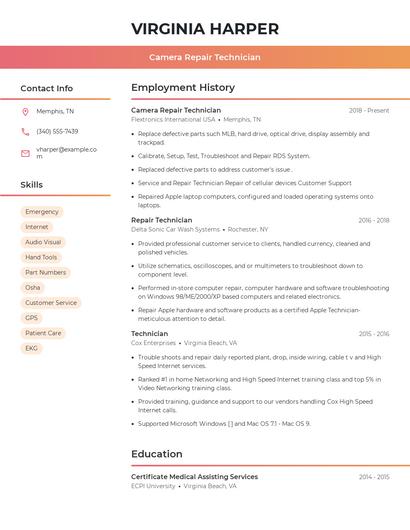 Camera Repair Technician Resume
