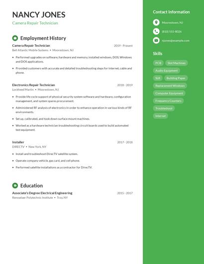 Camera Repair Technician Resume