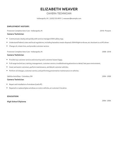 Camera Technician Resume