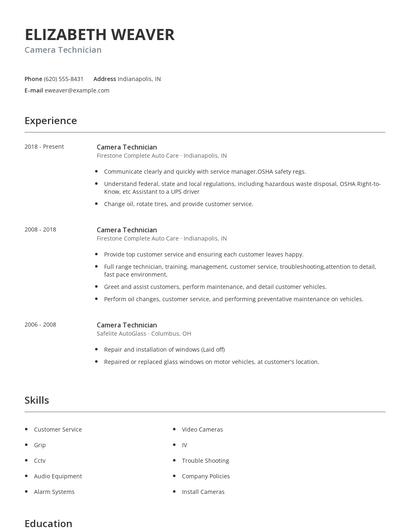 Camera Technician Resume