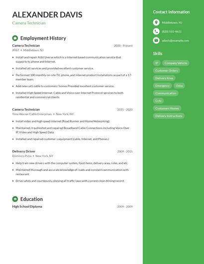 Camera Technician Resume