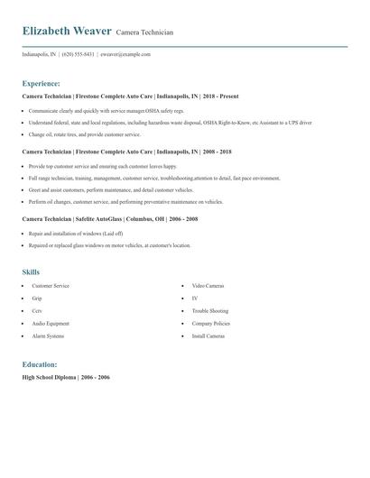 Camera Technician Resume