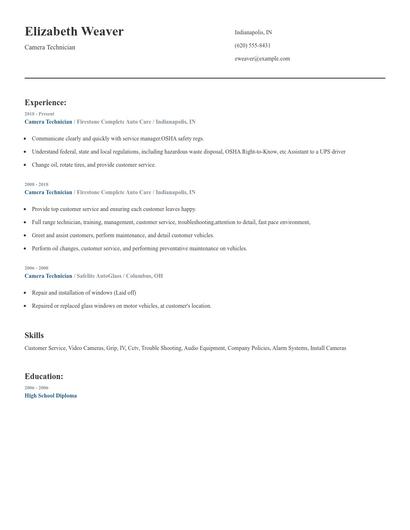Camera Technician Resume