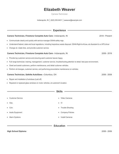 Camera Technician Resume