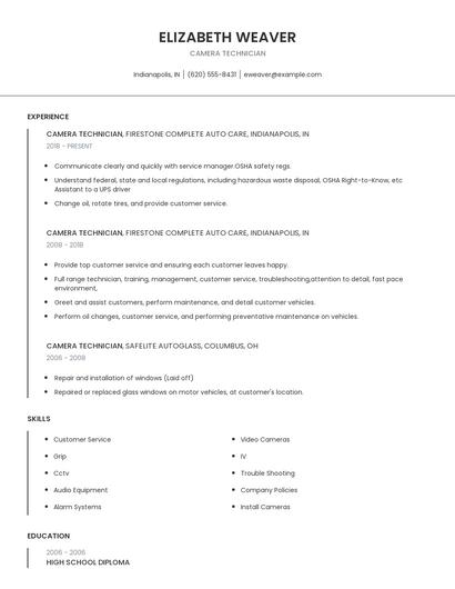 Camera Technician Resume