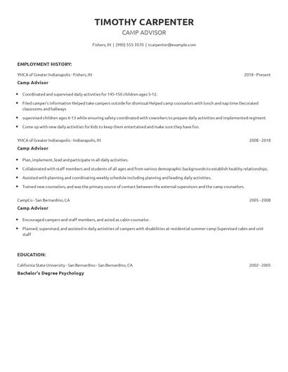 Camp Advisor Resume