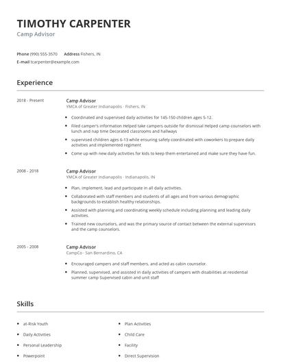 Camp Advisor Resume