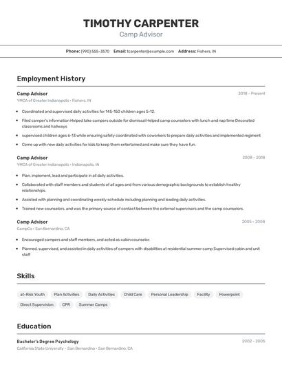 Camp Advisor Resume