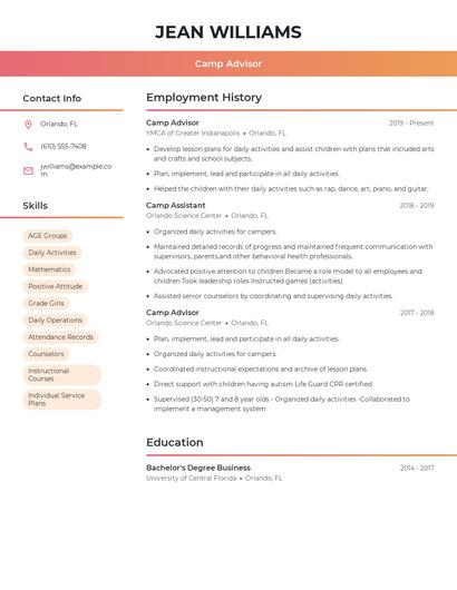 Camp Advisor Resume
