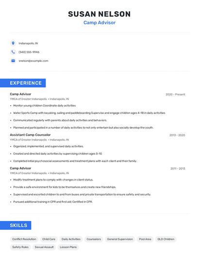 Camp Advisor Resume