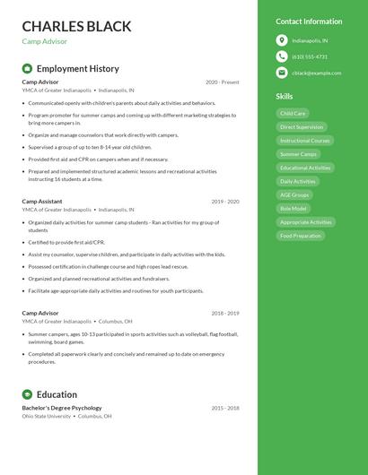 Camp Advisor Resume