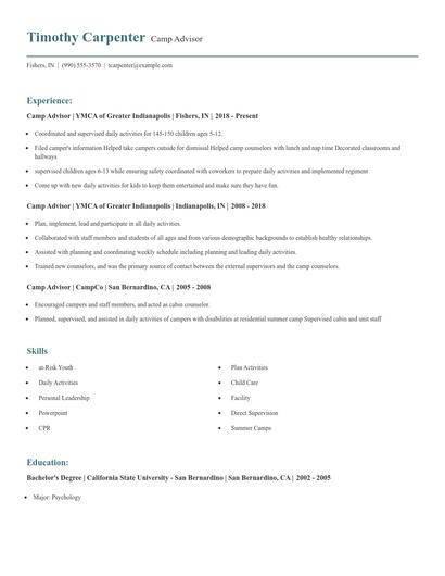Camp Advisor Resume
