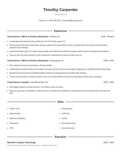 Camp Advisor Resume