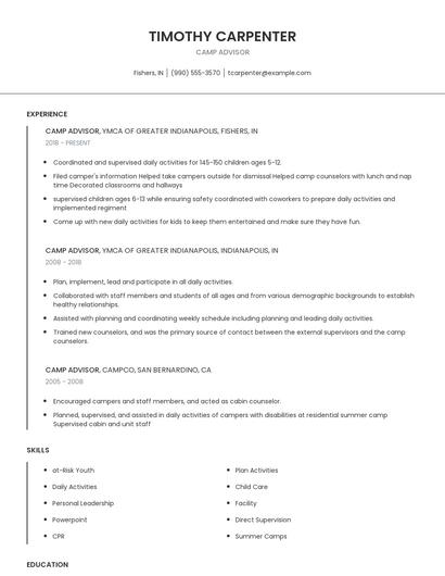 Camp Advisor Resume