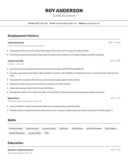 Camp Assistant Resume