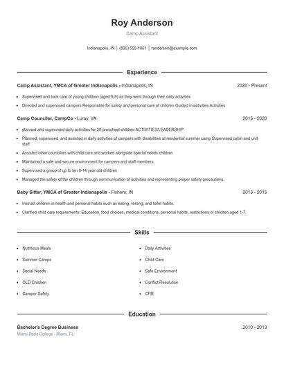 Camp Assistant Resume