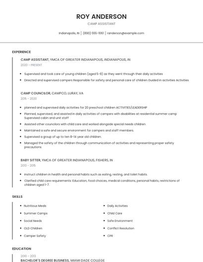Camp Assistant Resume