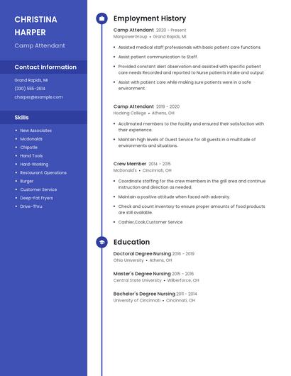 Camp Attendant Resume