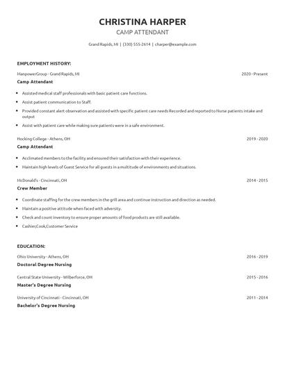 Camp Attendant Resume