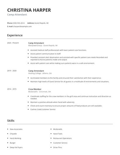 Camp Attendant Resume