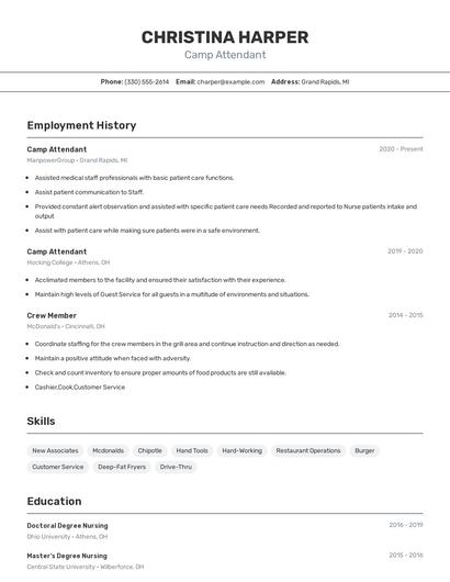 Camp Attendant Resume