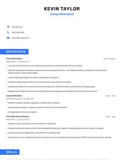 Camp Attendant Resume