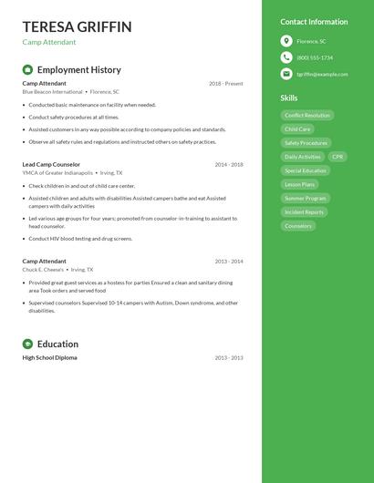 Camp Attendant Resume