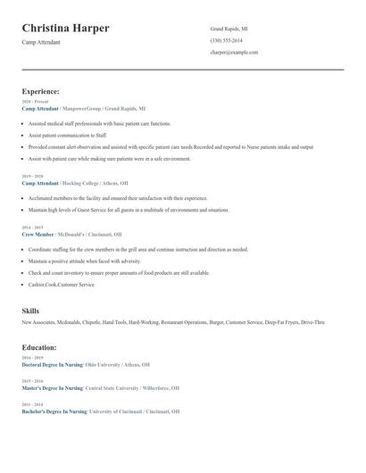 Camp Attendant Resume