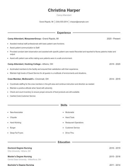 Camp Attendant Resume