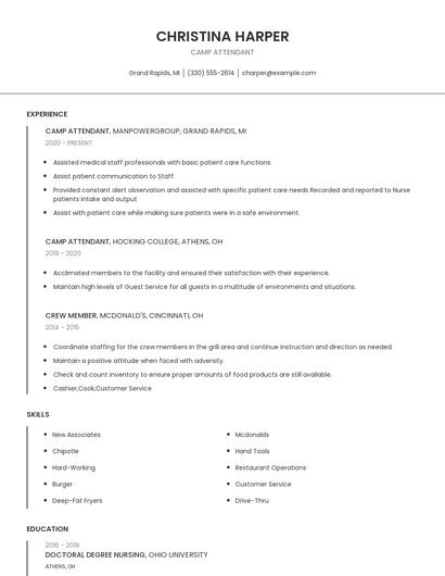 Camp Attendant Resume