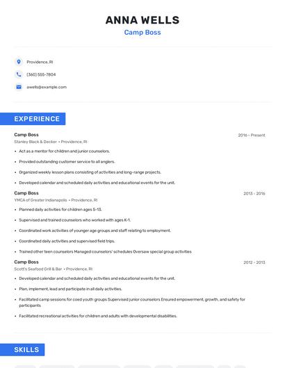 Camp Boss Resume